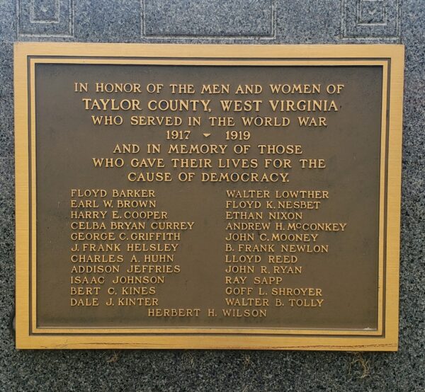 TAYLOR COUNTY, WEST VIRGINIA WORLD WAR MEMORIAL PLAQUE