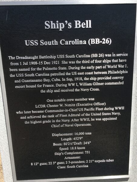 SHIP’S BELL USS SOUTH CAROLINA (BB-26) WAR MEMORIAL PLAQUE