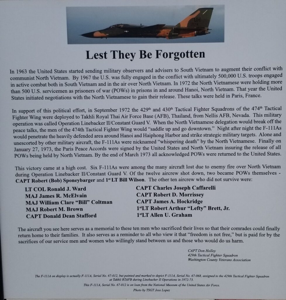 LEST THEY BE FORGOTTEN AND F111A MEMORIAL PLAQUE