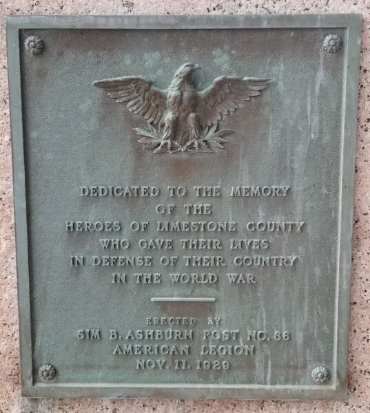 LIMESTONE COUNTY WORLD WAR MEMORIAL PLAQUE