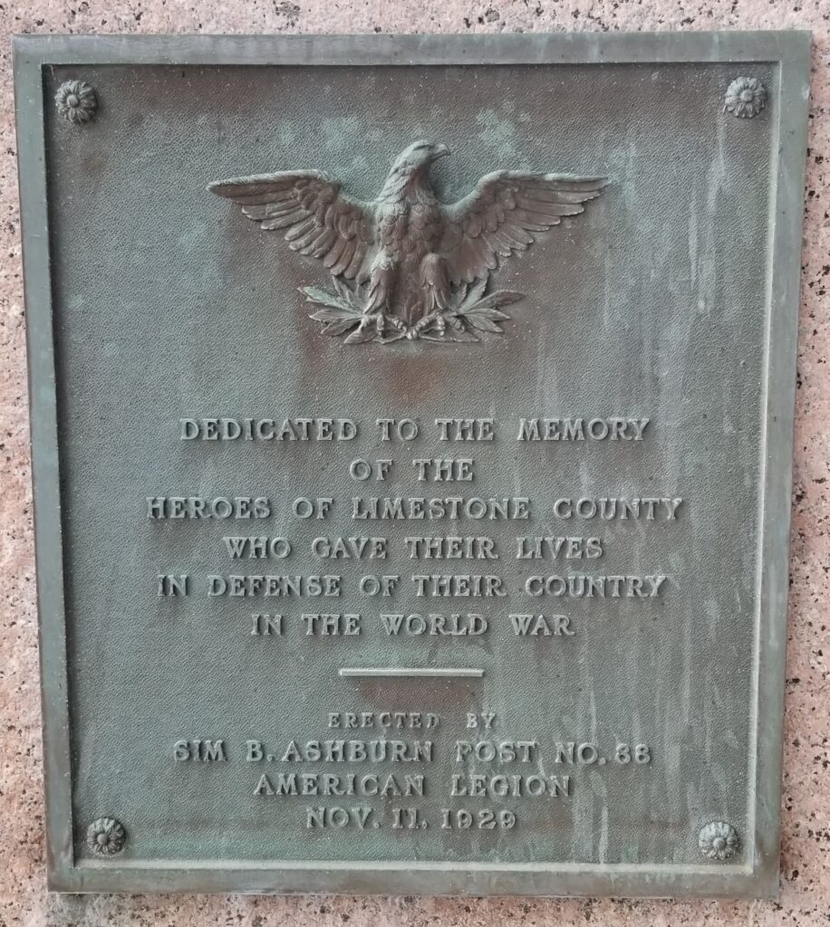 LIMESTONE COUNTY WORLD WAR MEMORIAL PLAQUE