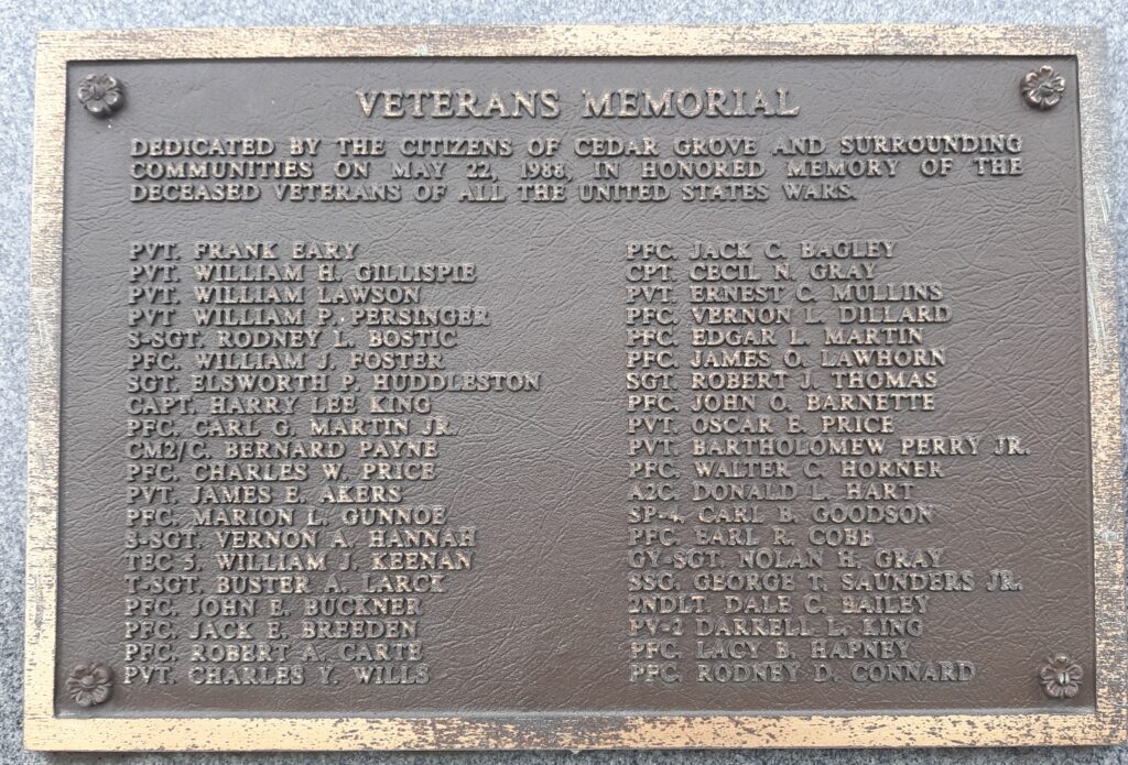 CEDAR GROVE VETERANS MEMORIAL PLAQUE A