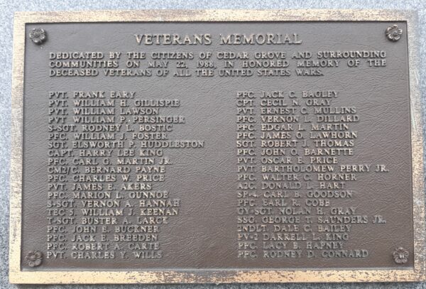 CEDAR GROVE VETERANS MEMORIAL PLAQUE A