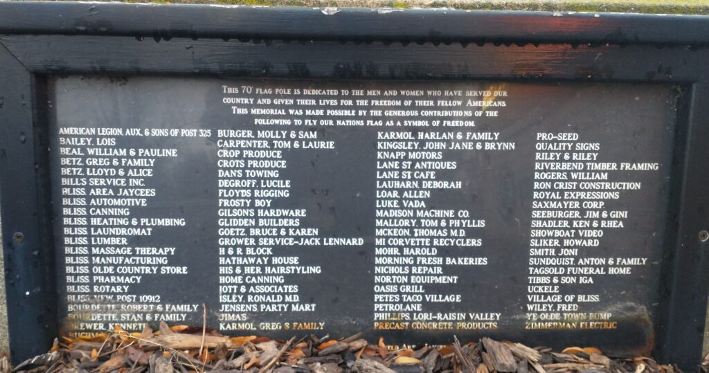 BLISSFIELD VETERANS MEMORIAL FLAGPOLE PLAQUE