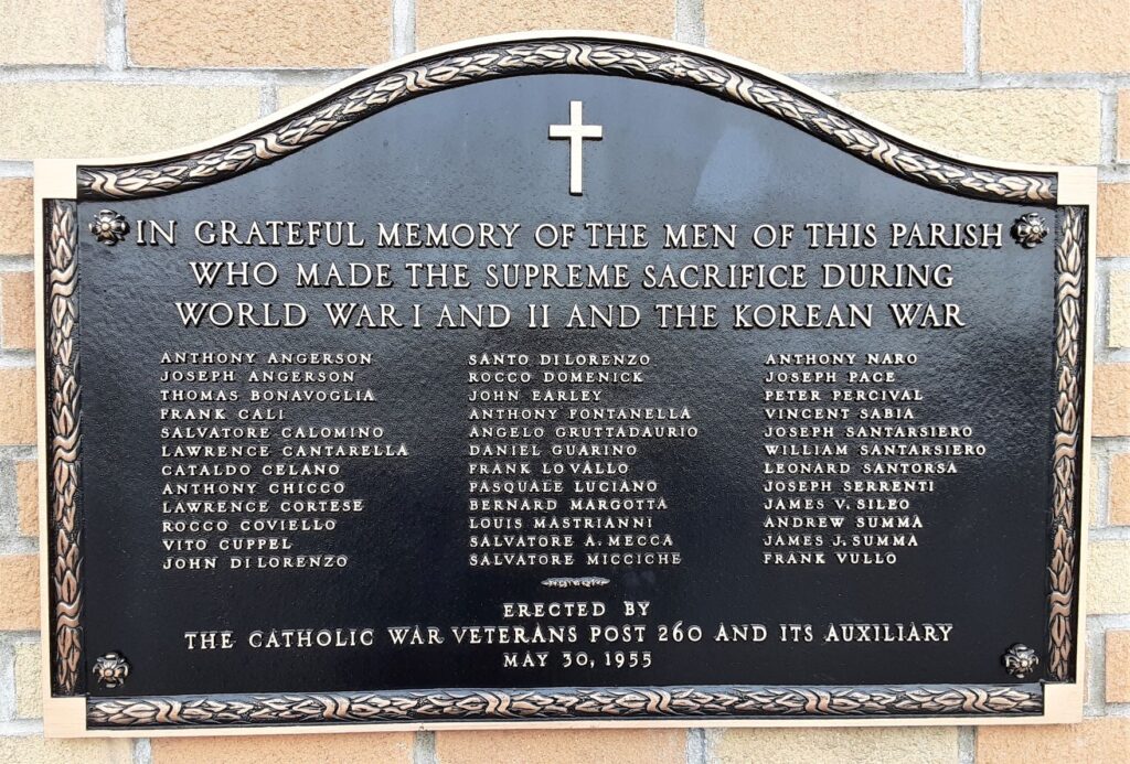 CATHOLIC WAR VETERANS POST 260 WAR MEMORIAL PLAQUE