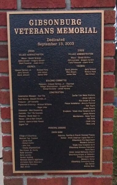 GIBSONBURG VETERANS MEMORIAL PLAQUE