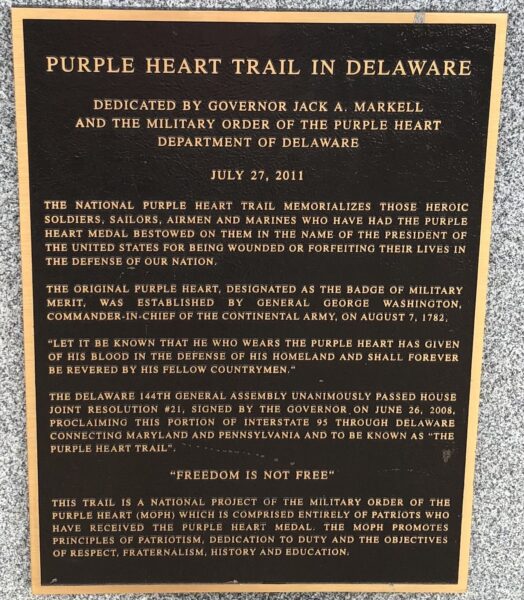 PURPLE HEART TRAIL IN DELAWARE WAR MEMORIAL PLAQUE