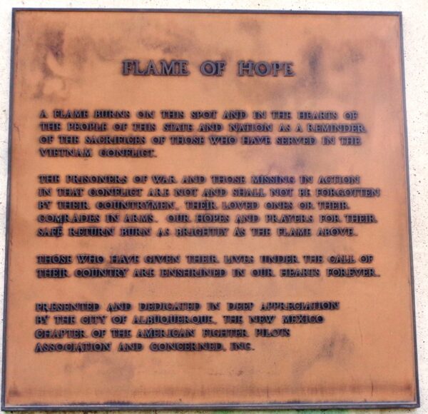 ALBUQUERQUE FLAME OF HOPE WAR MEMORIAL PLAQUE