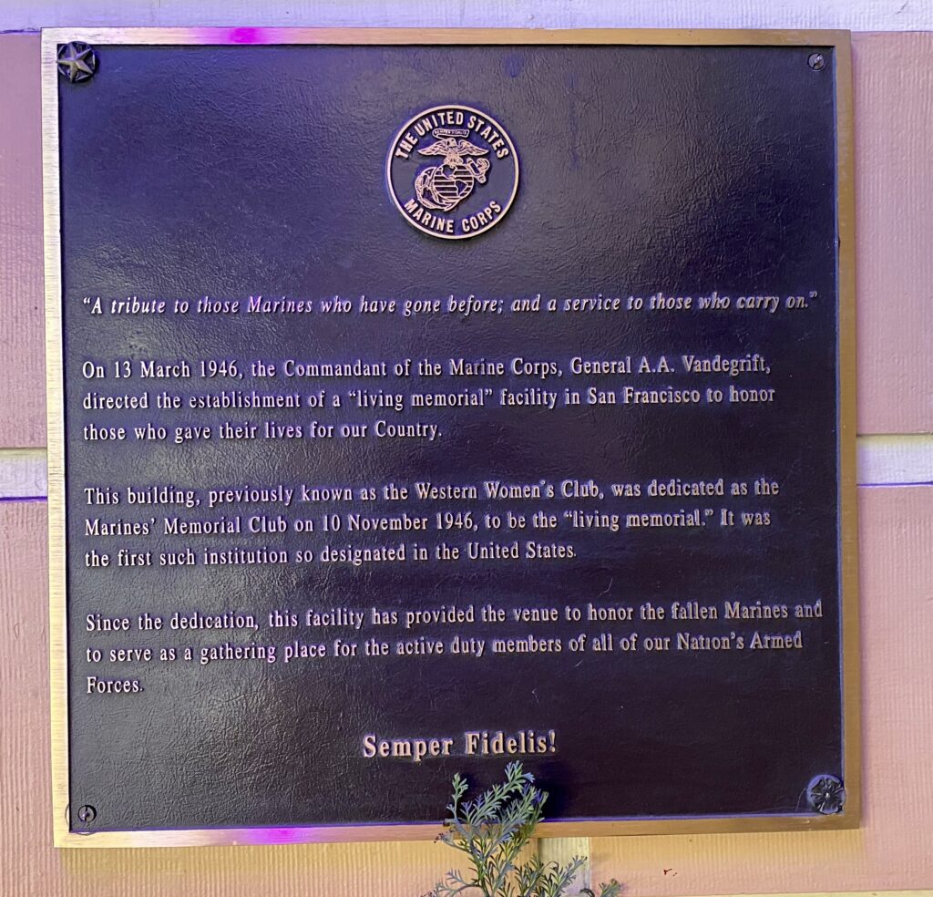 MARINES’ MEMORIAL CLUB PLAQUE