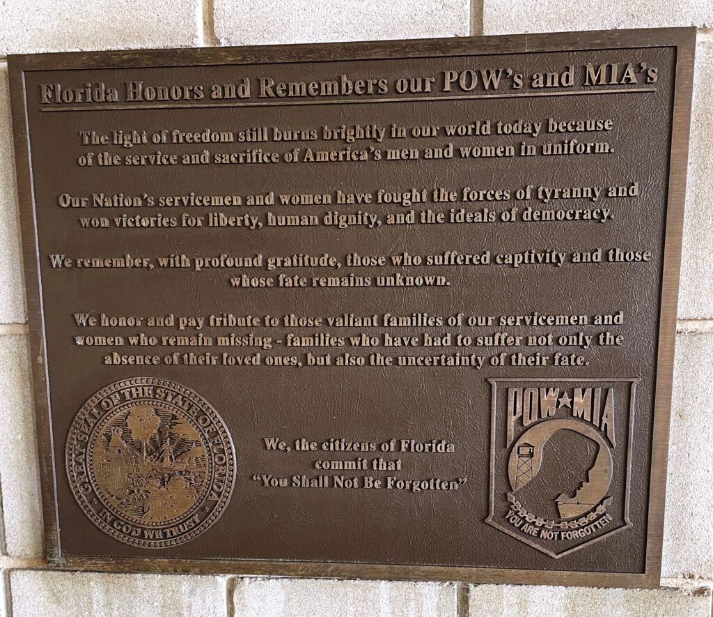 FLORIDA HONORS AND REMEMBERS OUR POW’S AND MIA’S MEMORIAL PLAQUE PALM BAY