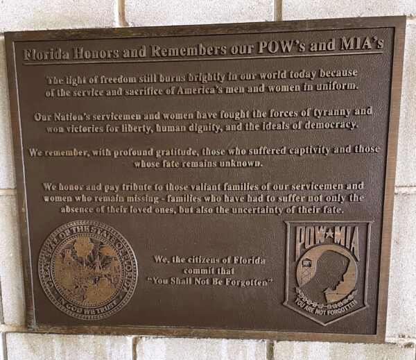 FLORIDA HONORS AND REMEMBERS OUR POW’S AND MIA’S MEMORIAL PLAQUE PALM BAY
