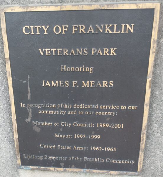 CITY OF FRANKLIN VETERANS PARK MEMORIAL PLAQUE
