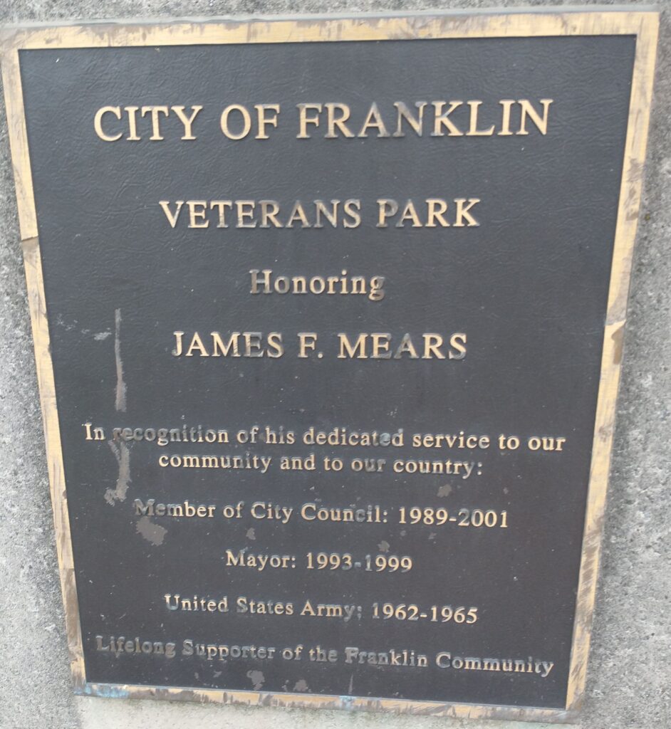 CITY OF FRANKLIN VETERANS PARK MEMORIAL PLAQUE