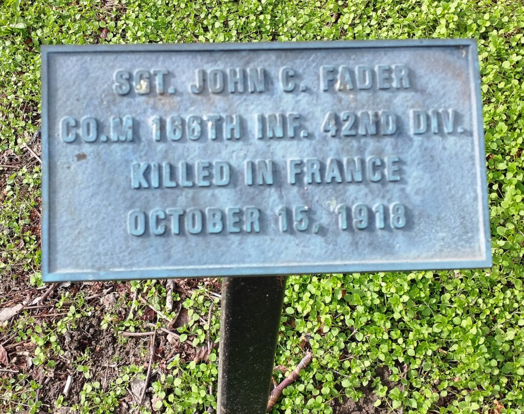 SGT. JOHN C. FADER WAR MEMORIAL TREE PLAQUE