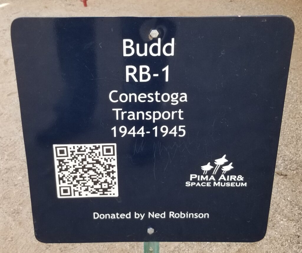 BUDD RB-1 CONESTOGA TRANSPORT MEMORIAL AIRCRAFT PLAQUE