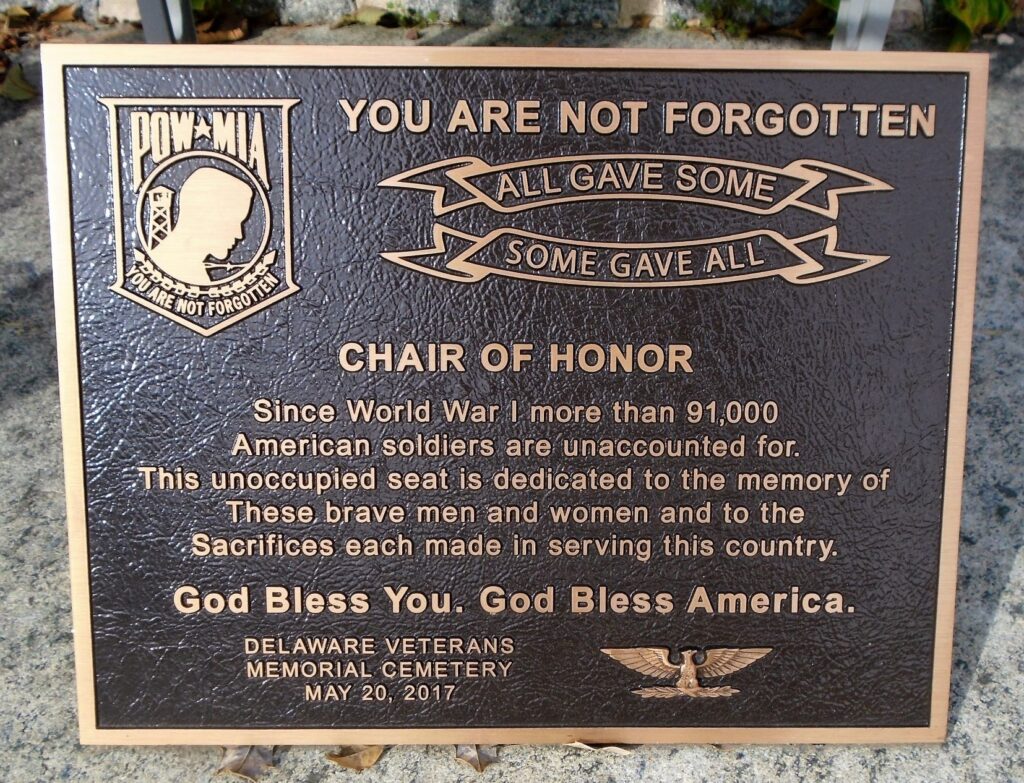 DELAWARE VETERANS MEMORIAL CEMETERY CHAIR OF HONOR PLAQUE