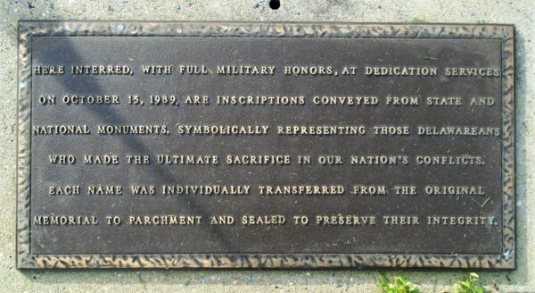 DELAWARE MEDAL OF HONOR RECIPIENTS AND THOSE WHO DIED IN SERVICE MEMORIAL CENOTAPH PLAQUE