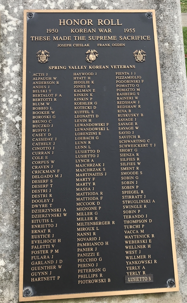 SPRING VALLEY KOREAN WAR SUPREME SACRIFICE WAR MEMORIAL PLAQUE