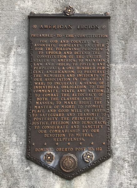 AMERICAN LEGION POST NO. 182 WORLD WAR MEMORIAL PLAQUE A