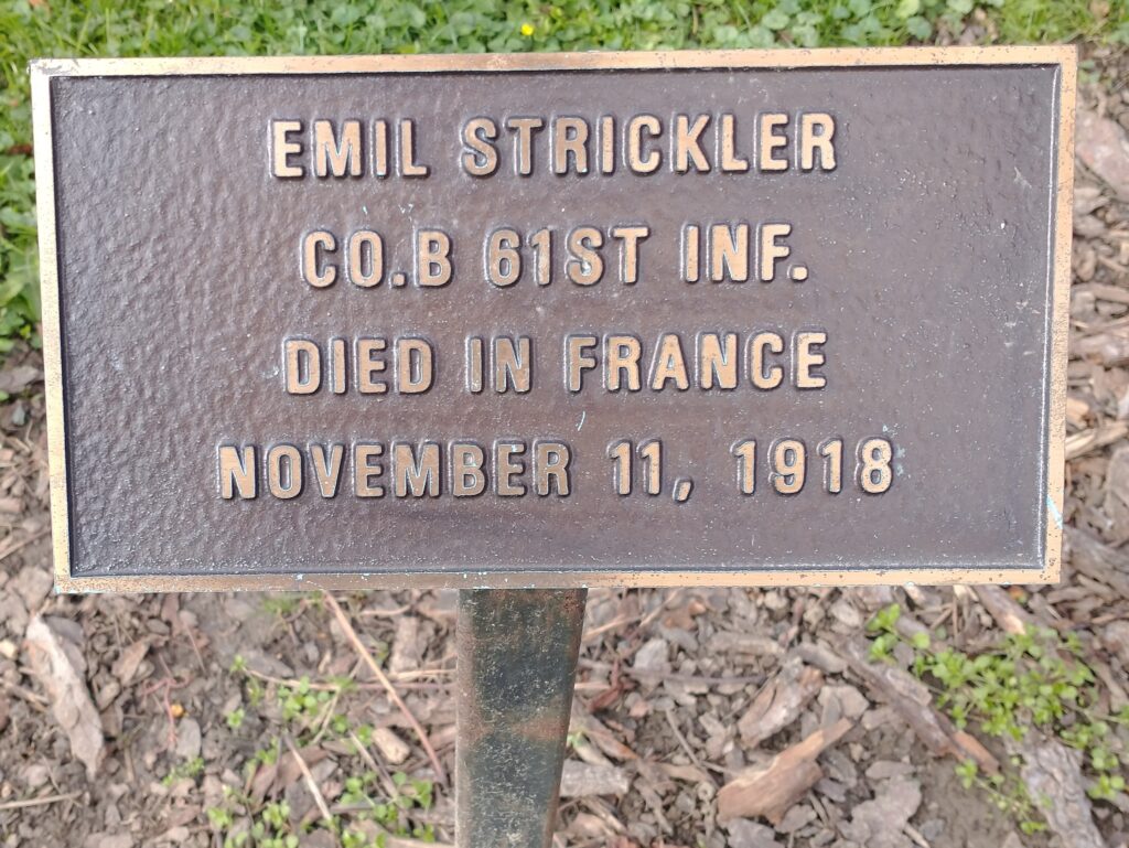 EMIL STRICKLER WAR MEMORIAL TREE PLAQUE