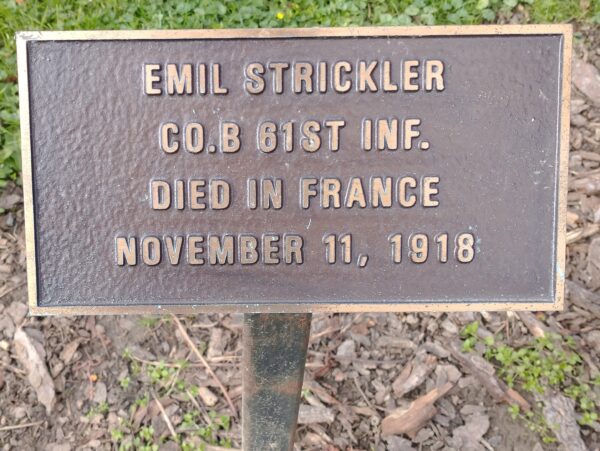 EMIL STRICKLER WAR MEMORIAL TREE PLAQUE