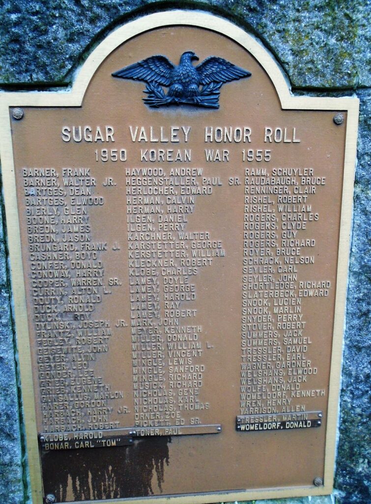 SUGAR VALLEY HONOR ROLL WAR MEMORIAL PLAQUE