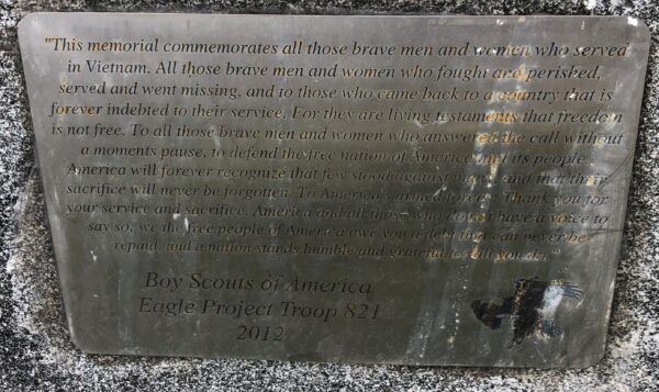 EAGLE PROJECT TROOP 821 VIETNAM VETERANS MEMORIAL PLAQUE