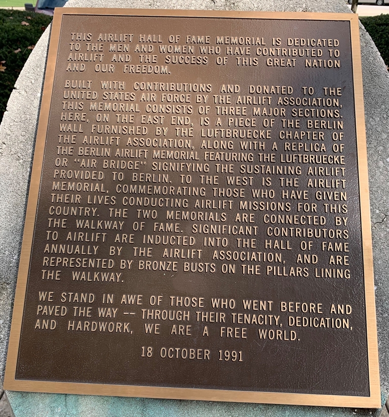 AIRLIFT HALL OF FAME MEMORIAL PLAQUE