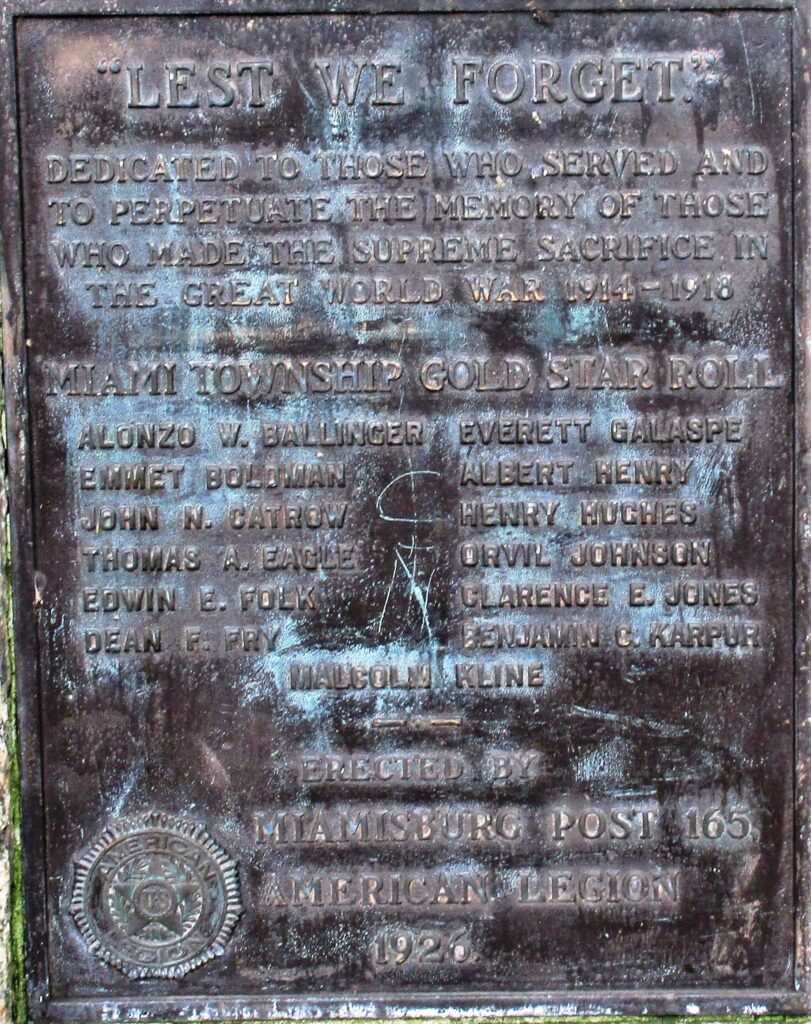MIAMISBURG POST 165 GREAT WORLD WAR SUPREME SACRIFICE MEMORIAL PLAQUE