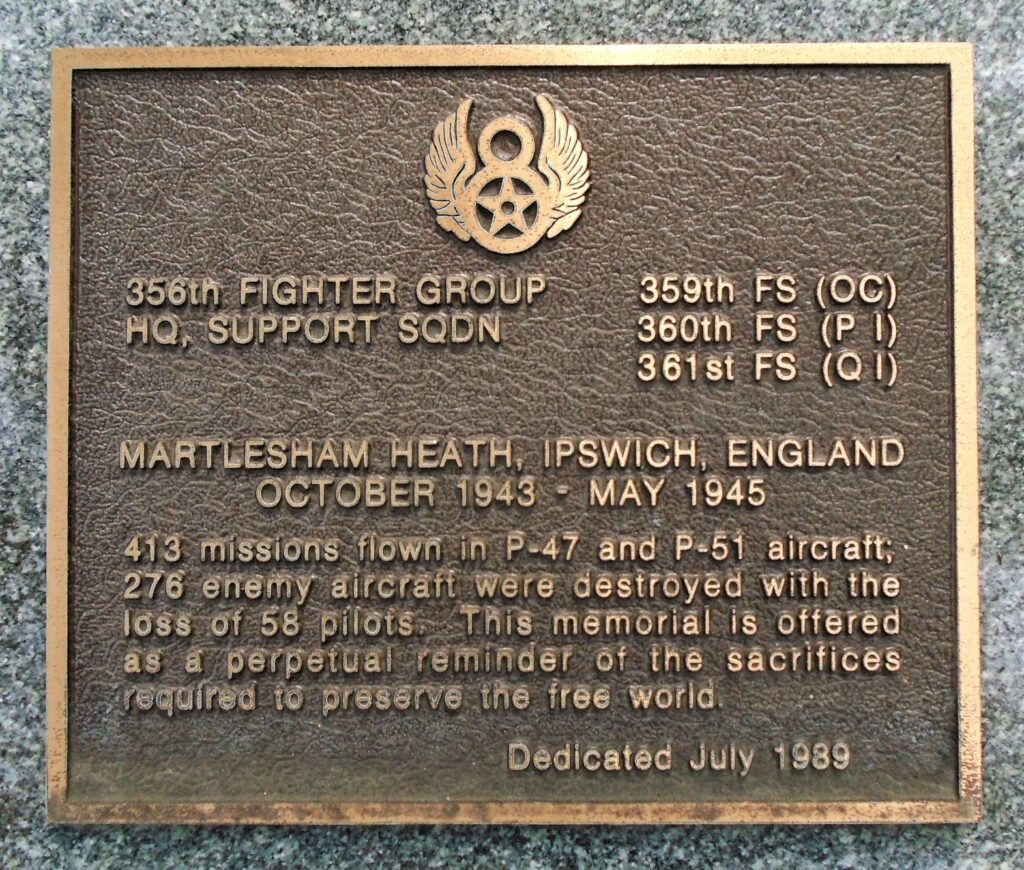 356TH FIGHTER GROUP HQ, SUPPORT SQDN WAR MEMORIAL PLAUE