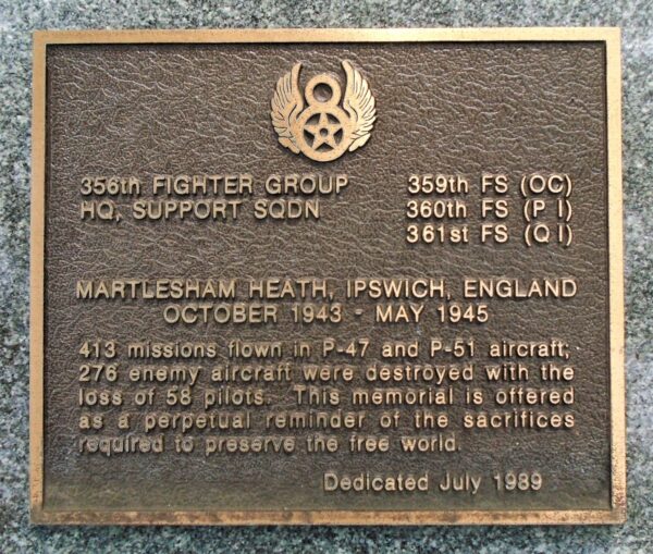 356TH FIGHTER GROUP HQ, SUPPORT SQDN WAR MEMORIAL PLAUE