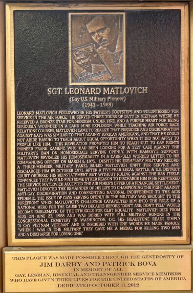 SGT. LEONARD MATLOVICH WAR MEMORIAL PLAQUE