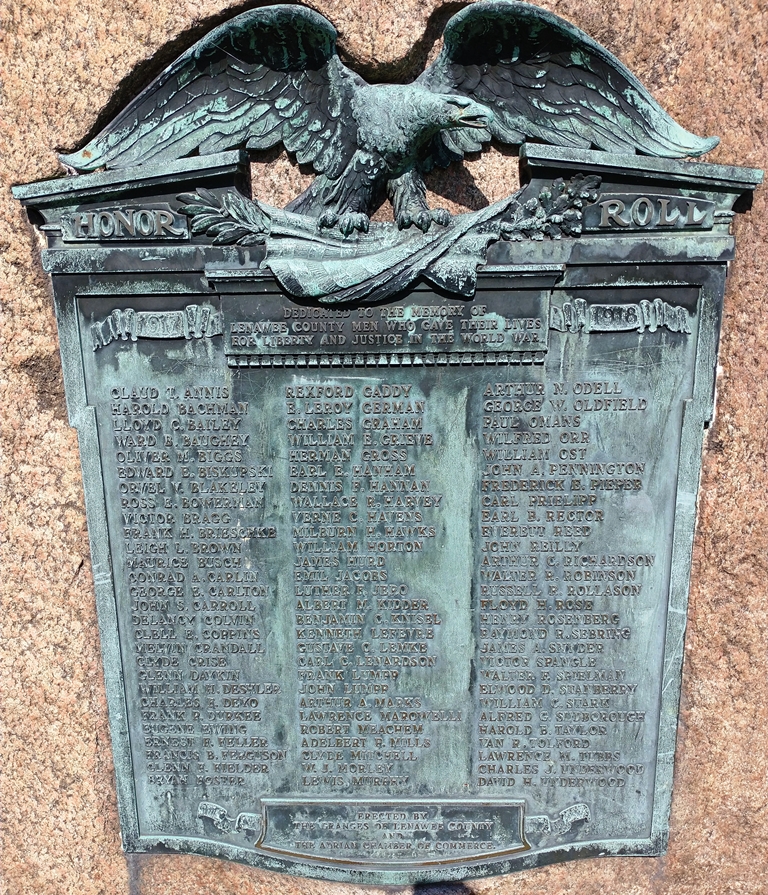 LENAWEE COUNTY WORLD WAR MEMORIAL PLAQUE