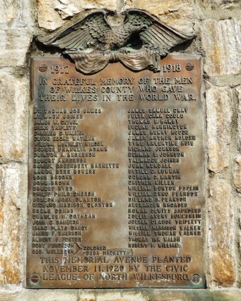 WILKES COUNTY WORLD WAR I MEMORIAL PLAQUE