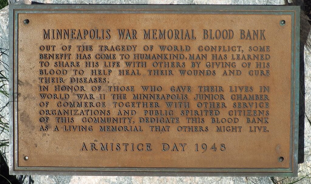 MINNEAPOLIS WAR MEMORIAL BLOOD BANK PLAQUE