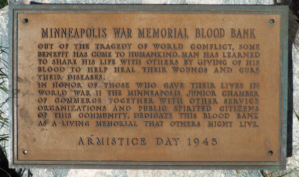 MINNEAPOLIS WAR MEMORIAL BLOOD BANK PLAQUE
