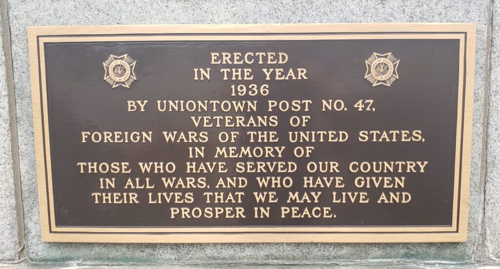UNIONTOWN POST NO. 47 ALL WAR MEMORIAL PLAQUE