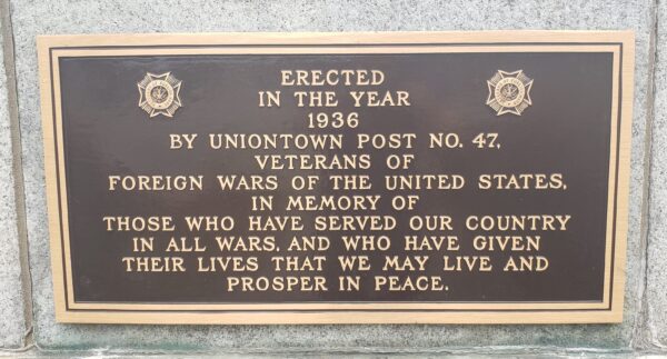 UNIONTOWN POST NO. 47 ALL WAR MEMORIAL PLAQUE