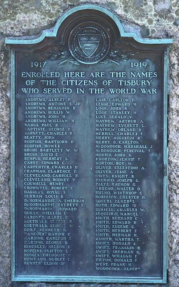 CITIZENS OF TISBURY WORLD WAR MEMORIAL PLAQUE