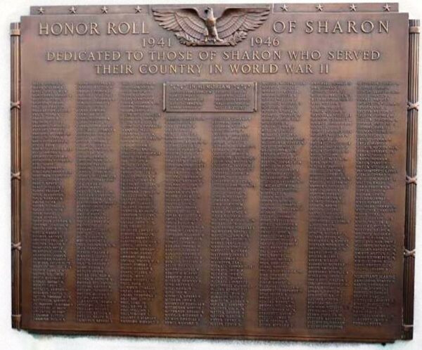 HONOR ROLL OF SHARON WORLD WAR II MEMORIAL PLAQUE