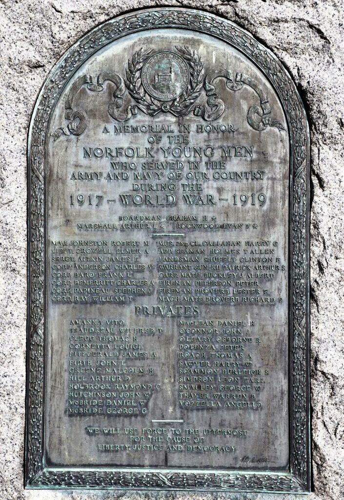 NORFOLK, MA WORLD WAR MEMORIAL PLAQUE