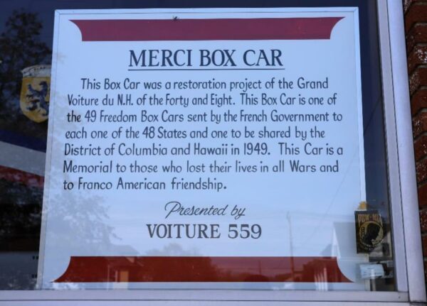 NEW HAMPSHIRE STATE VETERANS CEMETERY 40/8 MERCI BOX CAR MEMORIAL PLAQUE