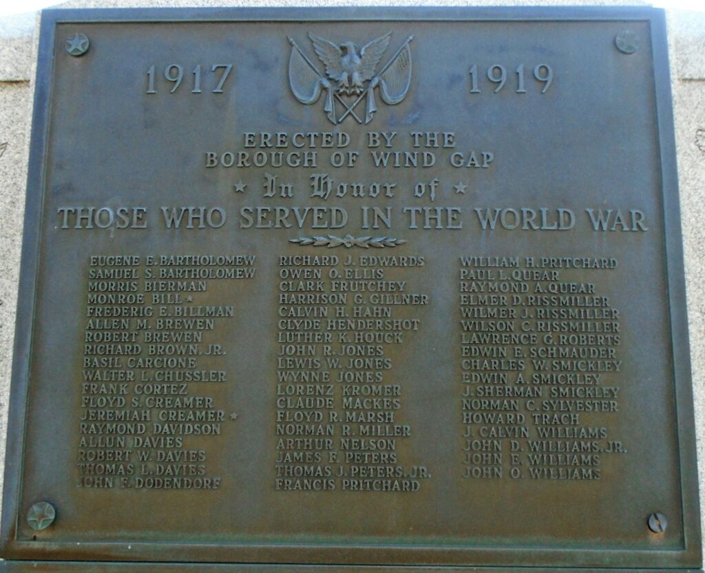 BOROUGH OF WIND GAP WORLD WARS MEMORIAL PLAQUE A