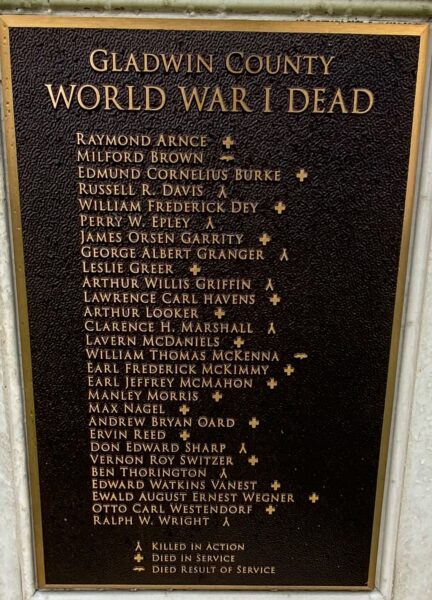 GLADWIN COUNTY WORLD WAR I DEAD MEMORIAL PLAQUE