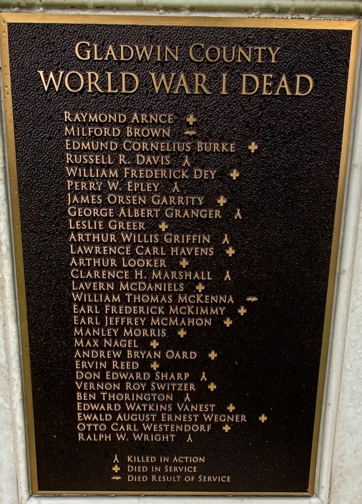 GLADWIN COUNTY WORLD WAR I DEAD MEMORIAL PLAQUE