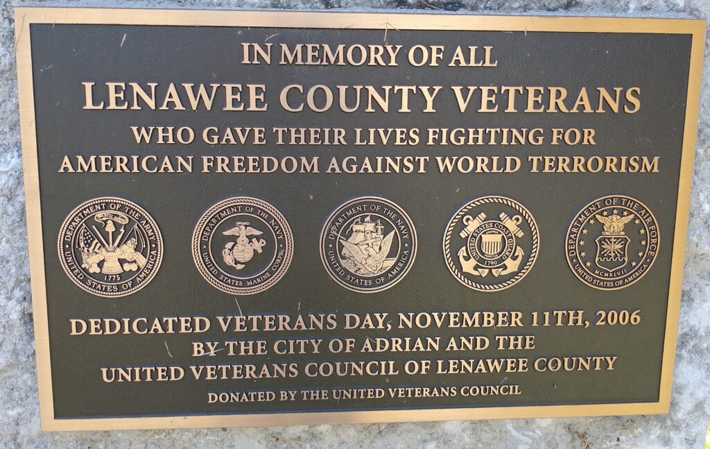 LENAWEE COUNTY WORLD TERRORISM VETERANS MEMORIAL PLAQUE