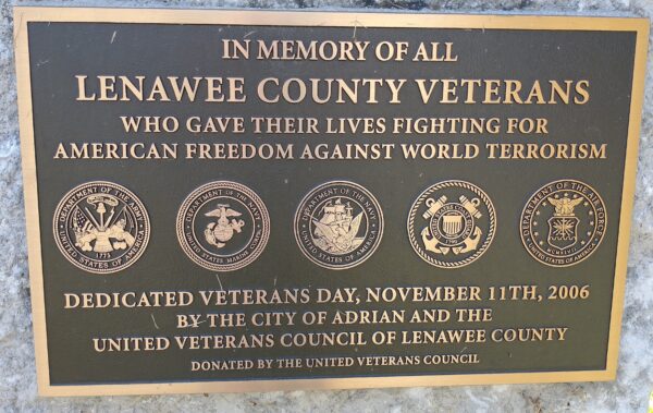 LENAWEE COUNTY WORLD TERRORISM VETERANS MEMORIAL PLAQUE