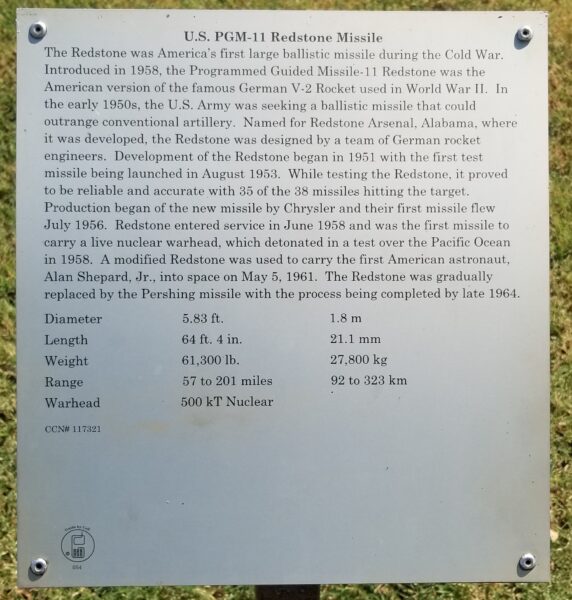 U.S. PGM-11 REDSTONE MISSILE MEMORIAL PLAQUE