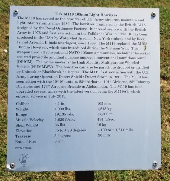 U.S. M119 105MM LIGHT HOWITZER MEMORIAL PLAQUE