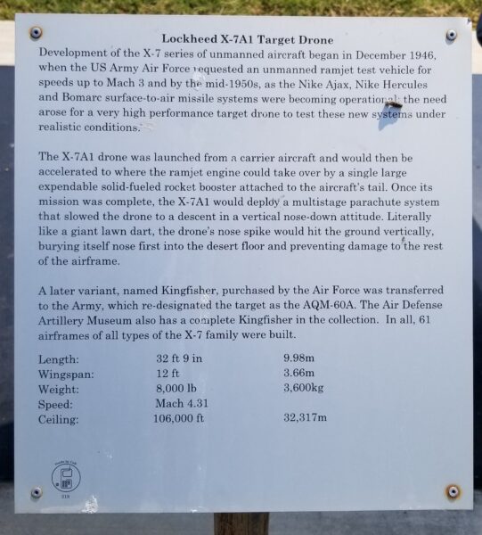 LOCKHEED X-7A1 TARGET DRONE MEMORIAL PLAQUE